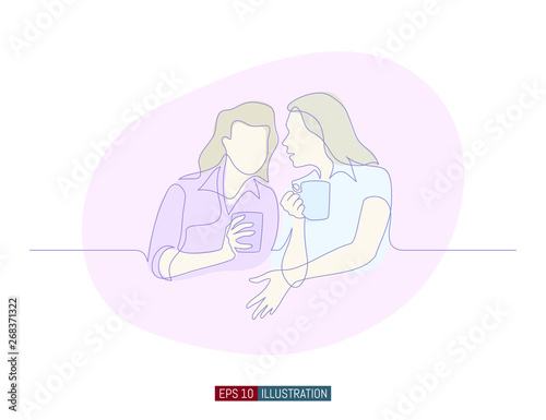 Continuous line drawing of gossip girls with cups. Template for your design works. Vector illustration.