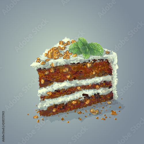 Vector piece of pepermint cake with slices of walnuts, sprig of mint, prunes, crumbly tender cake layers, which are smeared with fantastic thick mint-flavored cheese cream. Realistic, hand drawing