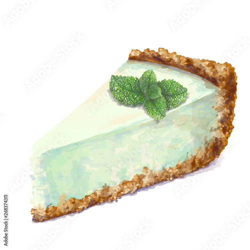 Vector piece of cheesecake cake with airy and tender, delicate creamy-peppermint cheese-cream. Crisp and crumble cake with back. Mint-flavored, with sprig of mint. Pastry, tasty, realistic hand-drawn