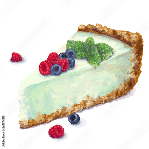 Vector piece of cheesecake cake with airy and tender, delicate creamy-peppermint cheese-cream. Crisp and crumble cake with back. Mint flavored, with blueberries, raspberries, sprig of mint. Hand-drawn