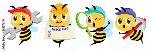 Cartoon cute bee mascot set. Cartoon cute bee holding a spanner, holding a signage, holding a magnifying glass, holding a hoe. Hardworking bee wearing safety cap. Flat Vector illustration isolated