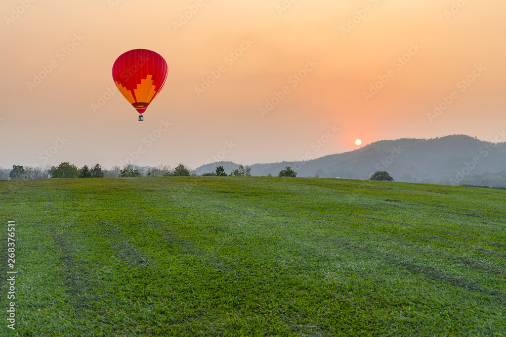 Fototapeta premium hot air balloon over the field at sunset mountain