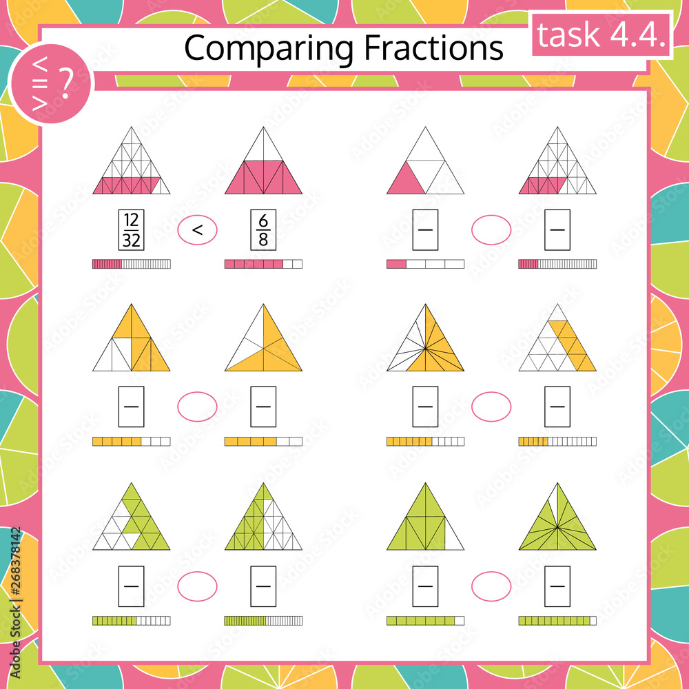 Fototapeta premium Comparing Fractions Mathematical Worksheet. Triangles. Math Puzzle. Educational Game. Vector illustration.