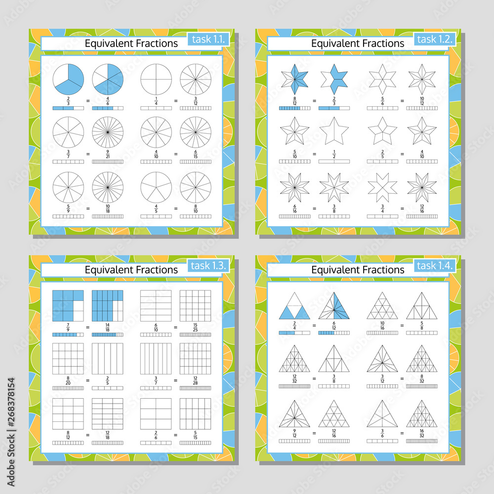 Equivalent Fractions Mathematical Worksheet Set. Coloring Book Page ...