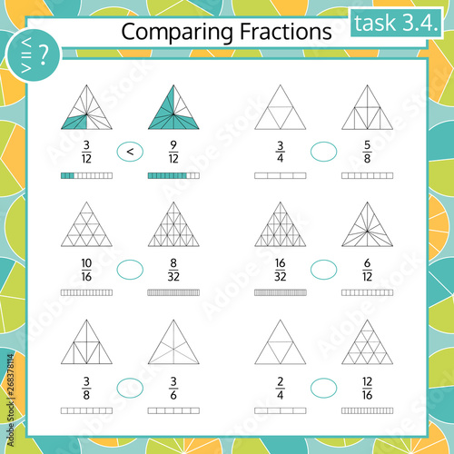 Comparing Fractions Mathematical Worksheet. Triangles. Coloring Book Page. Math Puzzle. Educational Game. Vector illustration.