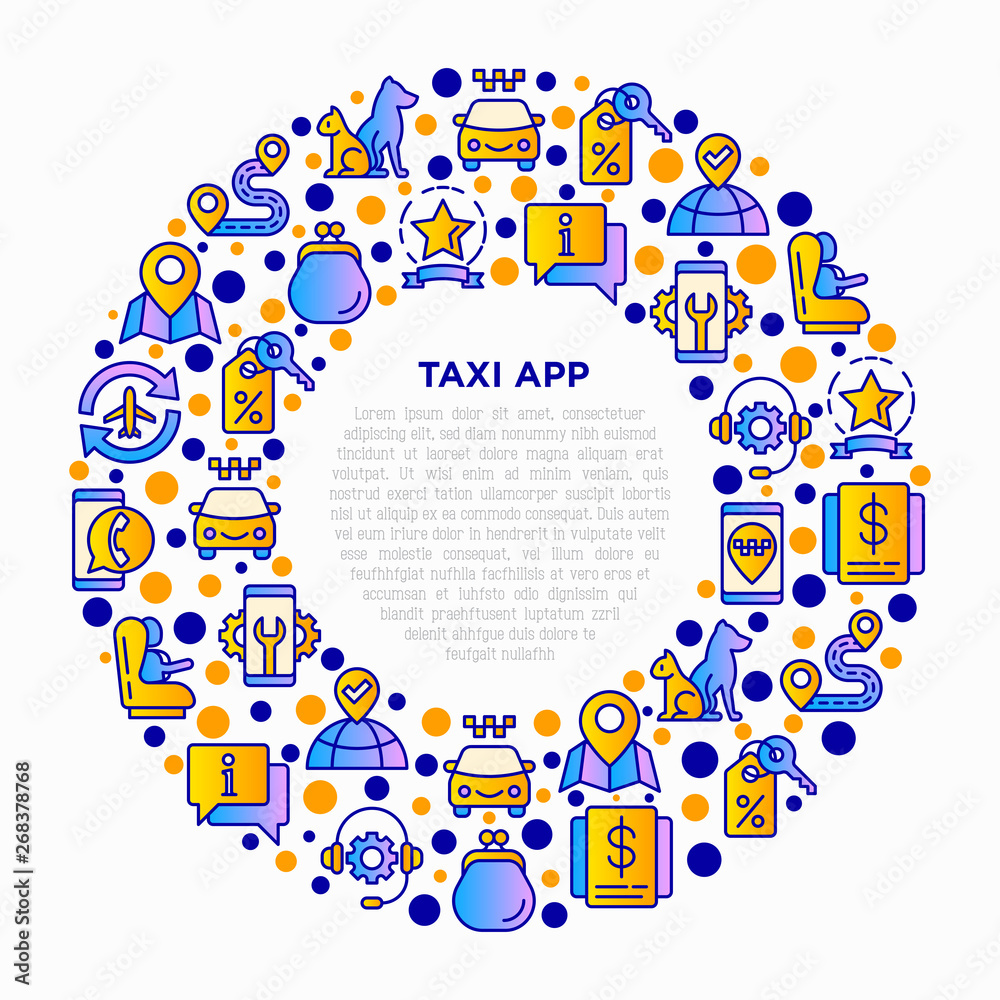 Taxi app concept in circle with thin line icons: payment method, promocode, app settings, info, support service, phone number, airport transfer, baby seat. Vector illustration for print media.