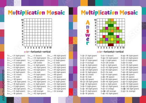 Multiplication Mosaic Math Puzzle Worksheet. Educational Game. Coloring Book Page Mathematical Game. Pixel Art. Vector illustration.