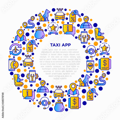 Taxi app concept in circle with thin line icons: payment method, promocode, app settings, info, support service, phone number, airport transfer, baby seat. Vector illustration for print media.