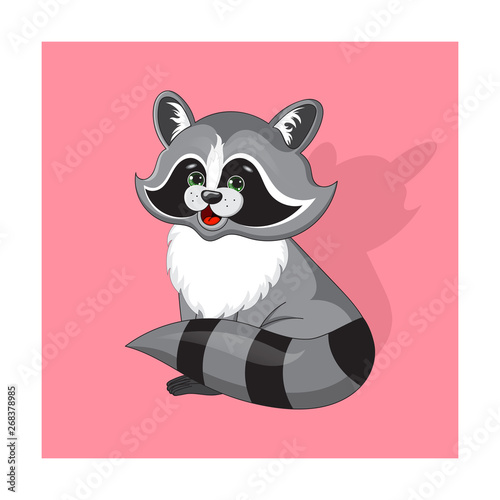 Cute Funny Raccoon on pink background. Vector illustration cartoon.