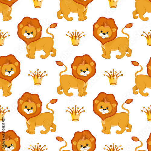 Cute lion king seamless pattern. Vector illustration.