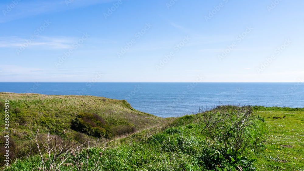 Edge of a cliff at Seaham Hall Beach in County Durham showing lush green grass outlooking a calm North Sea.