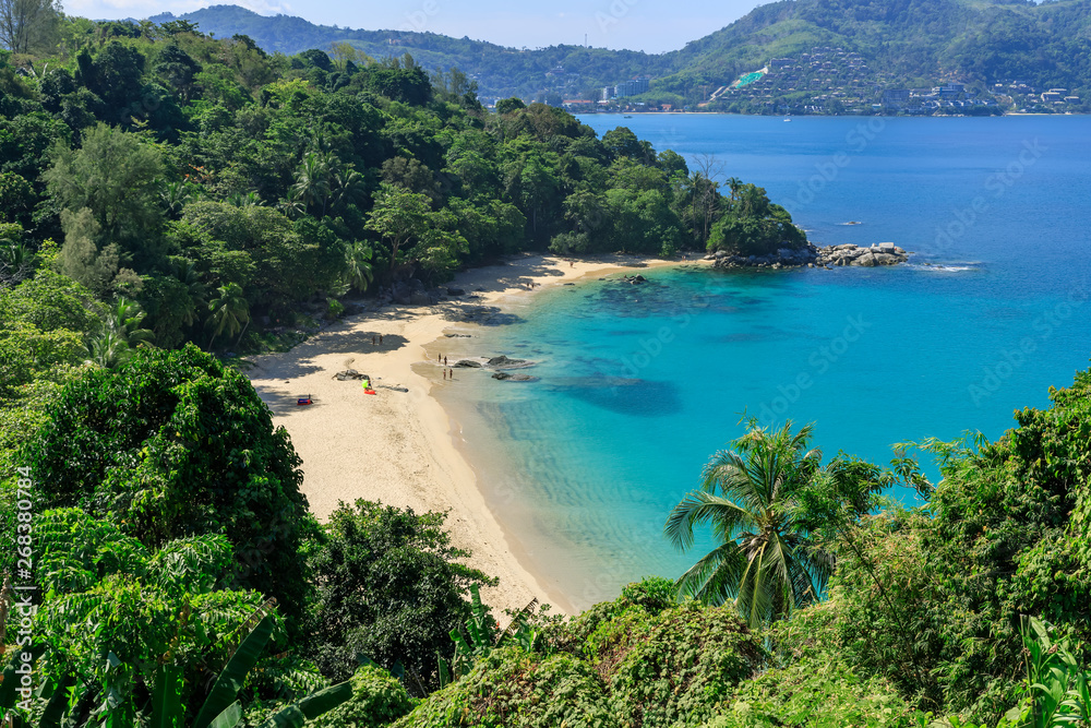 Aerial scenic view over beautiful Andaman sea and small bays at Laem Sing Viewpoint, Phuket, Thailand