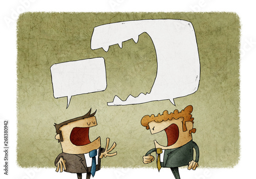 Angry man shouting at another man. Brutal Dispute, speech bubble is eaten another speech bubble. illustration. photo