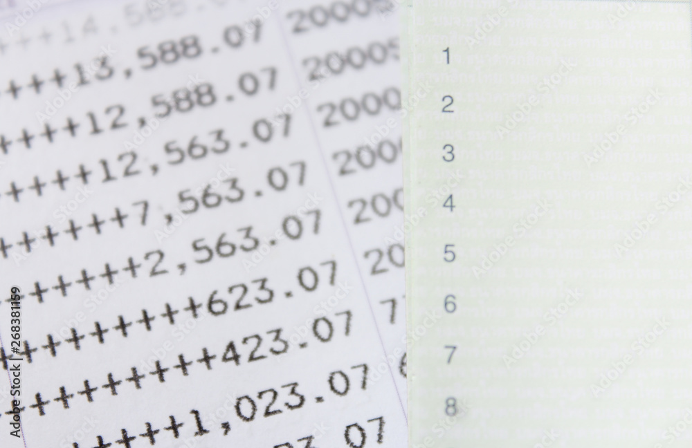 bank account. Close up financial report statement monthly book bank account passbook saving money bank account. Close up financial report statement monthly book bank account passbook saving money