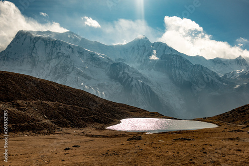 Fototapeta Naklejka Na Ścianę i Meble -  Himalayas ice lake with glacier and peaks in background