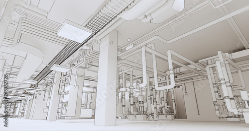 Conceptual visualization of BIM model of internal engineering communications of the building at drawing style