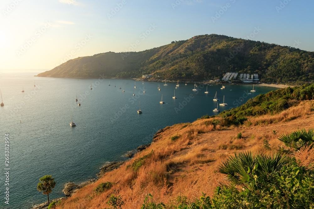 Windmill View Point near Laem Promthep Cape during sunset evening, Phuket, Thailand