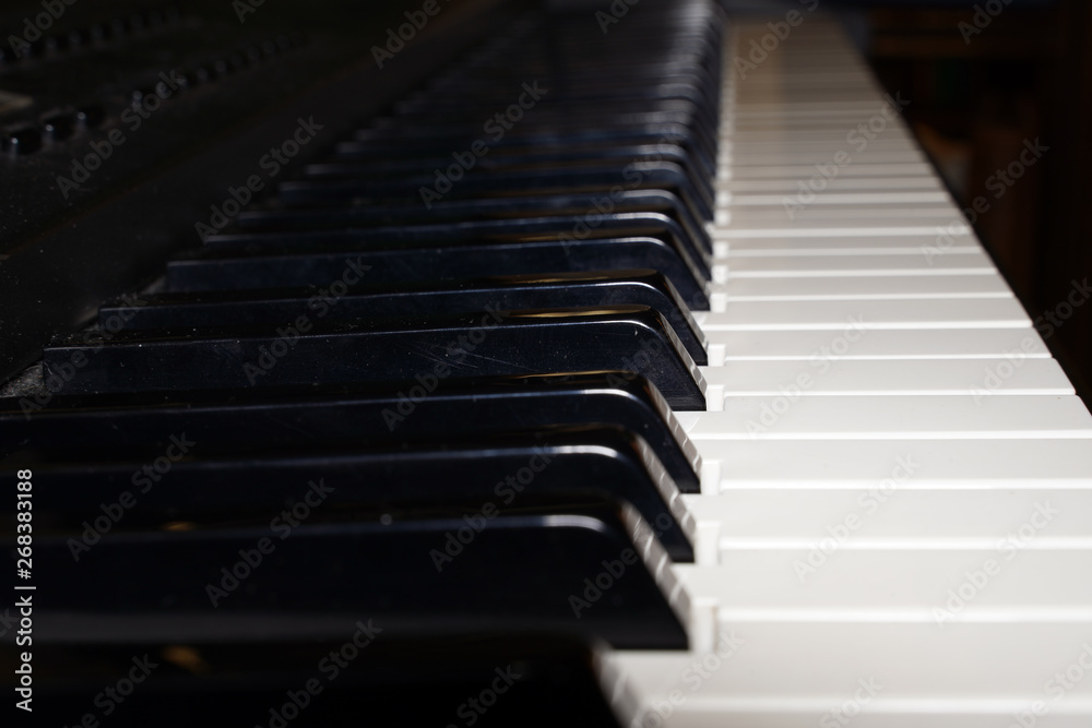 Piano keyboard background. Piano keys side view