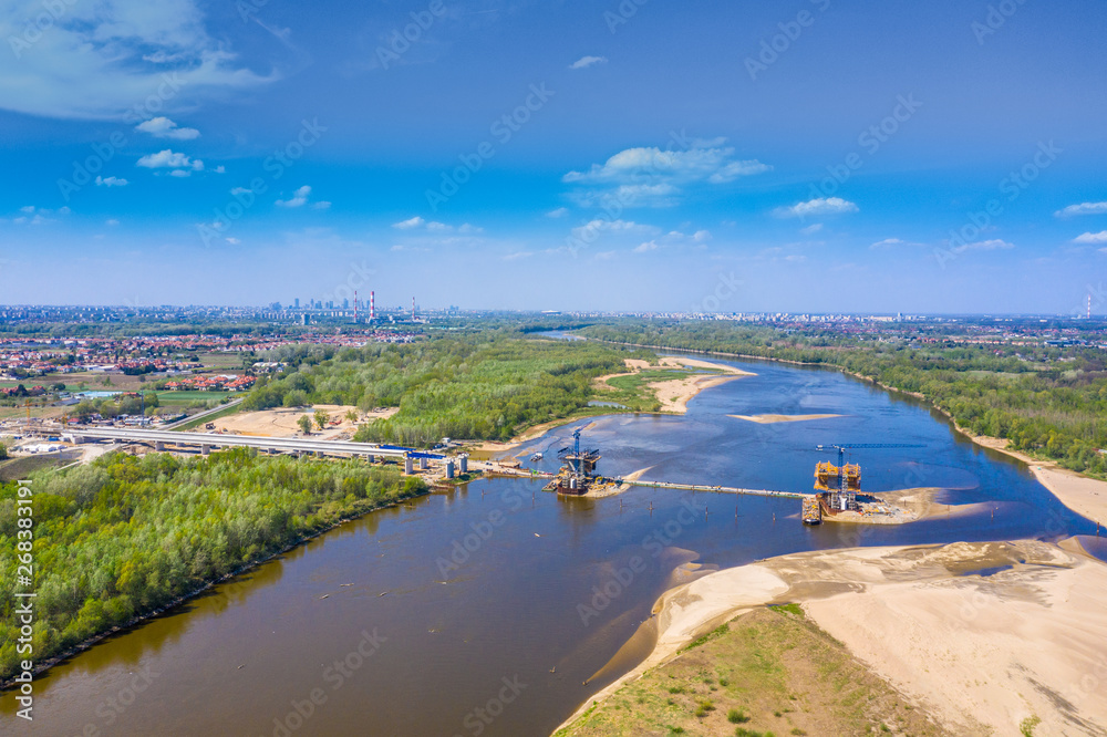 Bridge under construction. Aerial view. Crane Bridge under construction. Aerial view. Crane