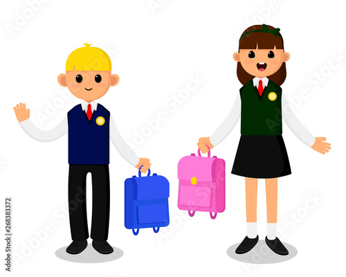 schoolboy and schoolgirl in school uniform holding briefcases
