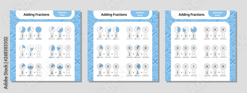 Adding Fractions Mathematical Worksheet Set. Coloring Book Page. Math Puzzle. Educational Game. Vector illustration.