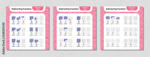 Subtracting Fractions Mathematical Worksheet Set. Squares. Coloring Book Page. Math Puzzle. Educational Game. Vector illustration.