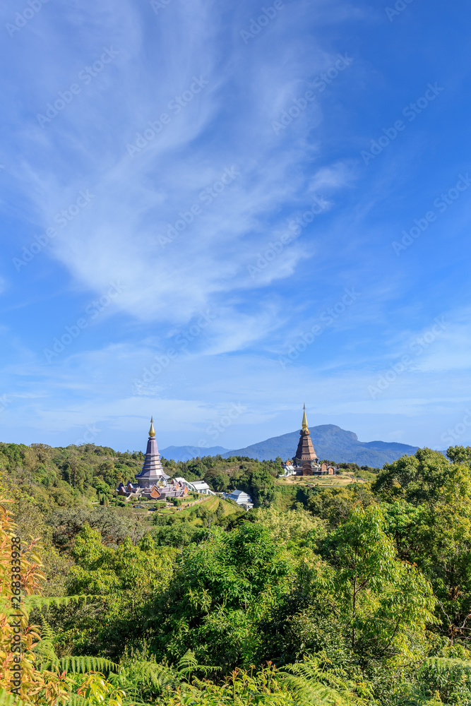 Noppamethanedon and Nopphonphusiri pagodas view from Kew Mae Pan nature trail, Doi Inthanon National Park, Chiang Mai, Thailand