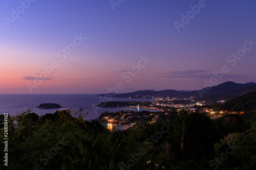 Aerial scenic view over beautiful Andaman sea and 3 bays at Karon Viewpoint, Phuket, Thailand