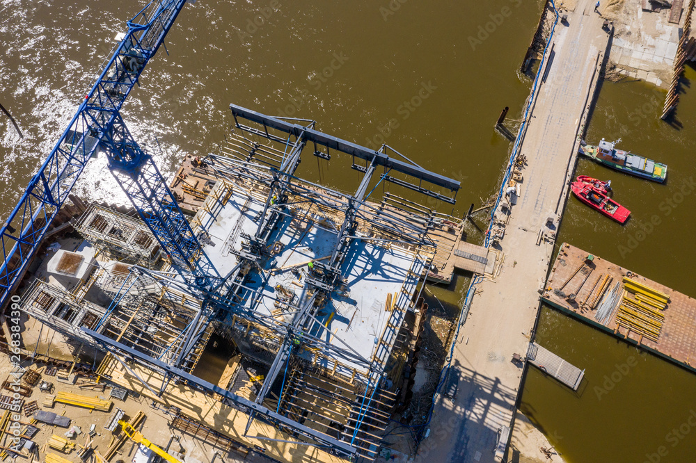Construction in progress of a mass rapid transit line - Highway. Aerial view Construction in progress of a mass rapid transit line - Highway. Aerial view