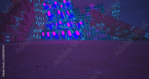 Abstract Concrete Glass Smooth Futuristic Sci-Fi interior With Blue and Violet Neon Tubes . 3D illustration and rendering.