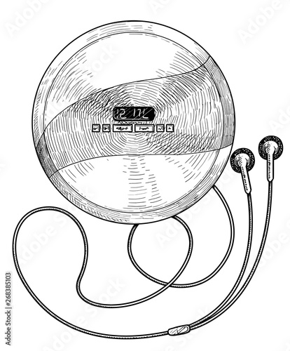 CD player illustration, drawing, engraving, ink, line art, vector