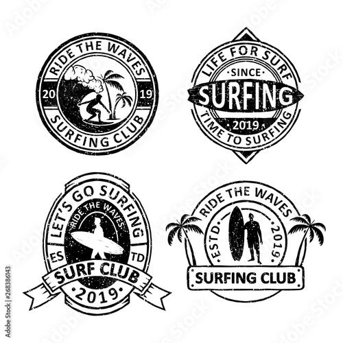 Set of vintage surfing club badges, emblems and logo