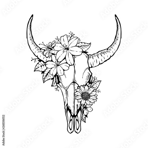 animal bull skull head with floral design