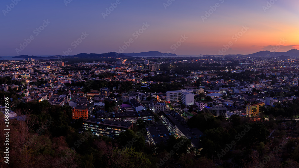 Phuket aerial panorama scenic view from Rang Hill Park during twilight