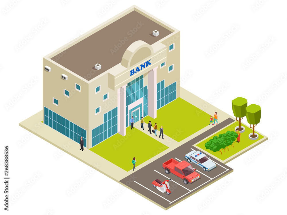 Isometric vector bank location with people, cars and security. Illustration of bank building, banking finance office
