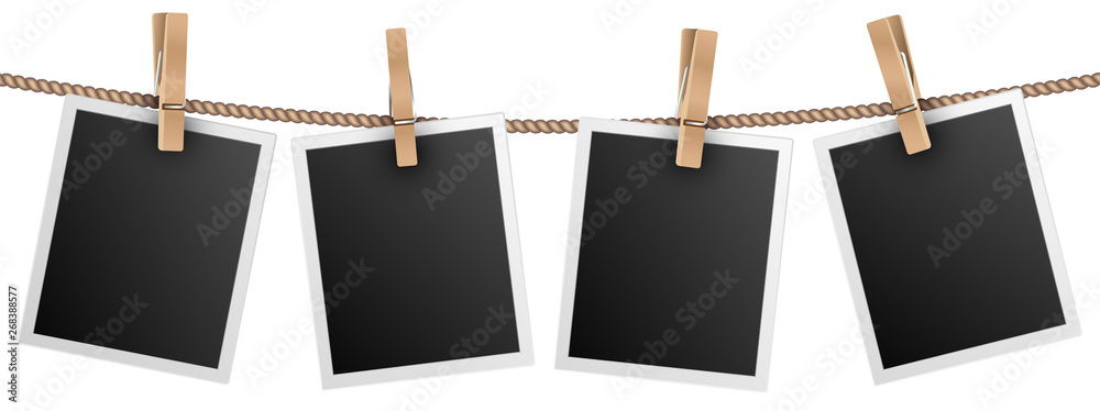 Retro photo frames hanging on rope isolated on white background vector illustration. Photo picture for album, empt photograph