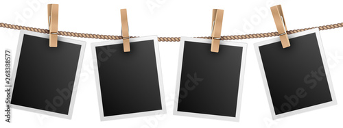 Retro photo frames hanging on rope isolated on white background vector illustration. Photo picture for album, empt photograph photo