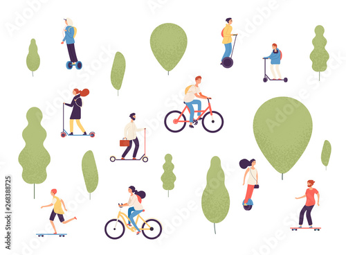 Active people in park. Man woman kids riding electric vehicles bike skateboard skate bicycle roller gyroscooter outdoor vector park. Woman and man ride by scooter and bike in green park illustration