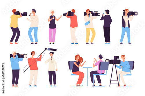 Journalists. Broadcaster news journalists broadcasting camera crew cameraman tv studio interview isolated vector cartoon characters. Illustration of cameraman journalist, media reporter interview
