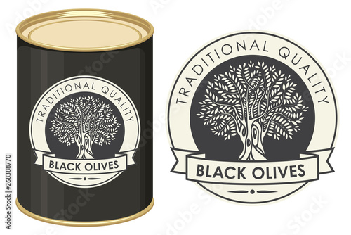 Label for black olives with olive tree and ribbon in retro style on the black background. Vector illustration of label and tin can with this label.