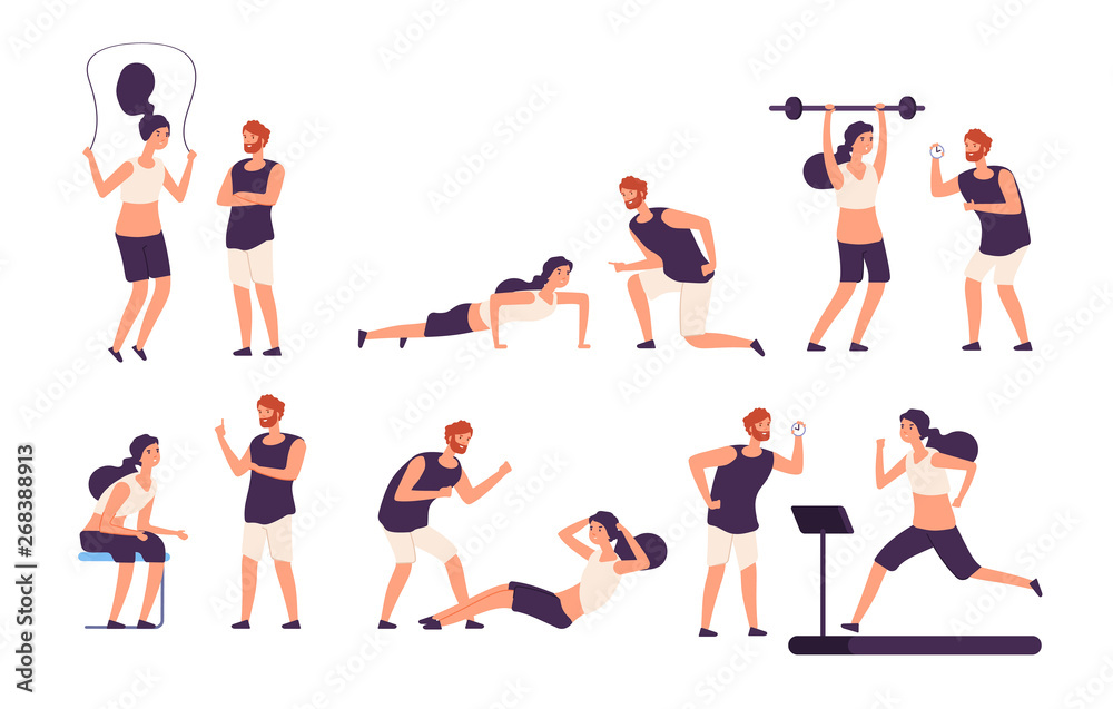 Fitness trainer. Male personal coach helps woman training, fit girl exercising with gym instructor isolated vector set. Illustration of coach training, exercise in gym, fitness sport