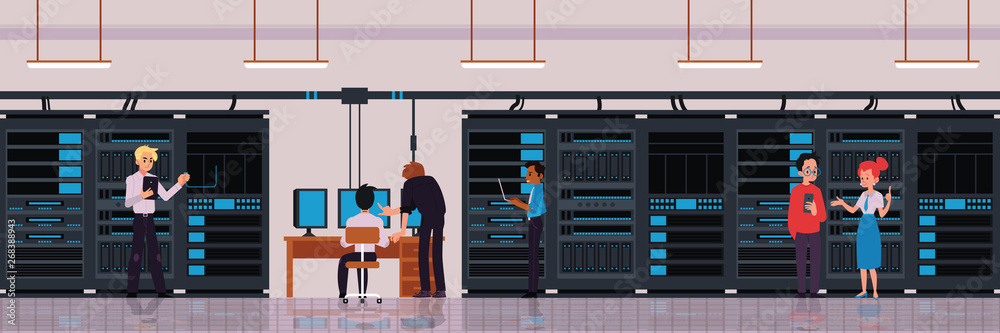 Data center or server room with technology workers flat vector illustration.
