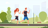 Couple running. Happy smiling guys jogging together outdoor summer park young friends training active fitness lifestyle vector concept. Illustration of couple man and woman active run outdoor