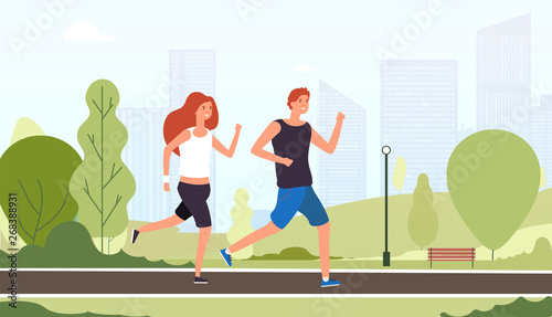 Couple running. Happy smiling guys jogging together outdoor summer park young friends training active fitness lifestyle vector concept. Illustration of couple man and woman active run outdoor