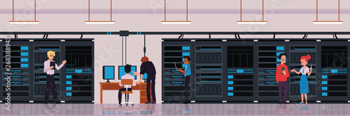 Data center or server room with technology workers flat vector illustration.