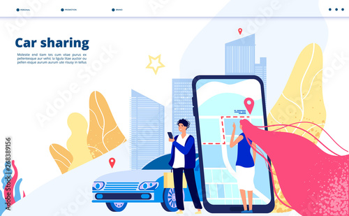 Carsharing landing. Carpooling travel by multiple people together driver with car renting for city trip. Transportation vector concept. Illustration of carsharing transport, rent automobile app
