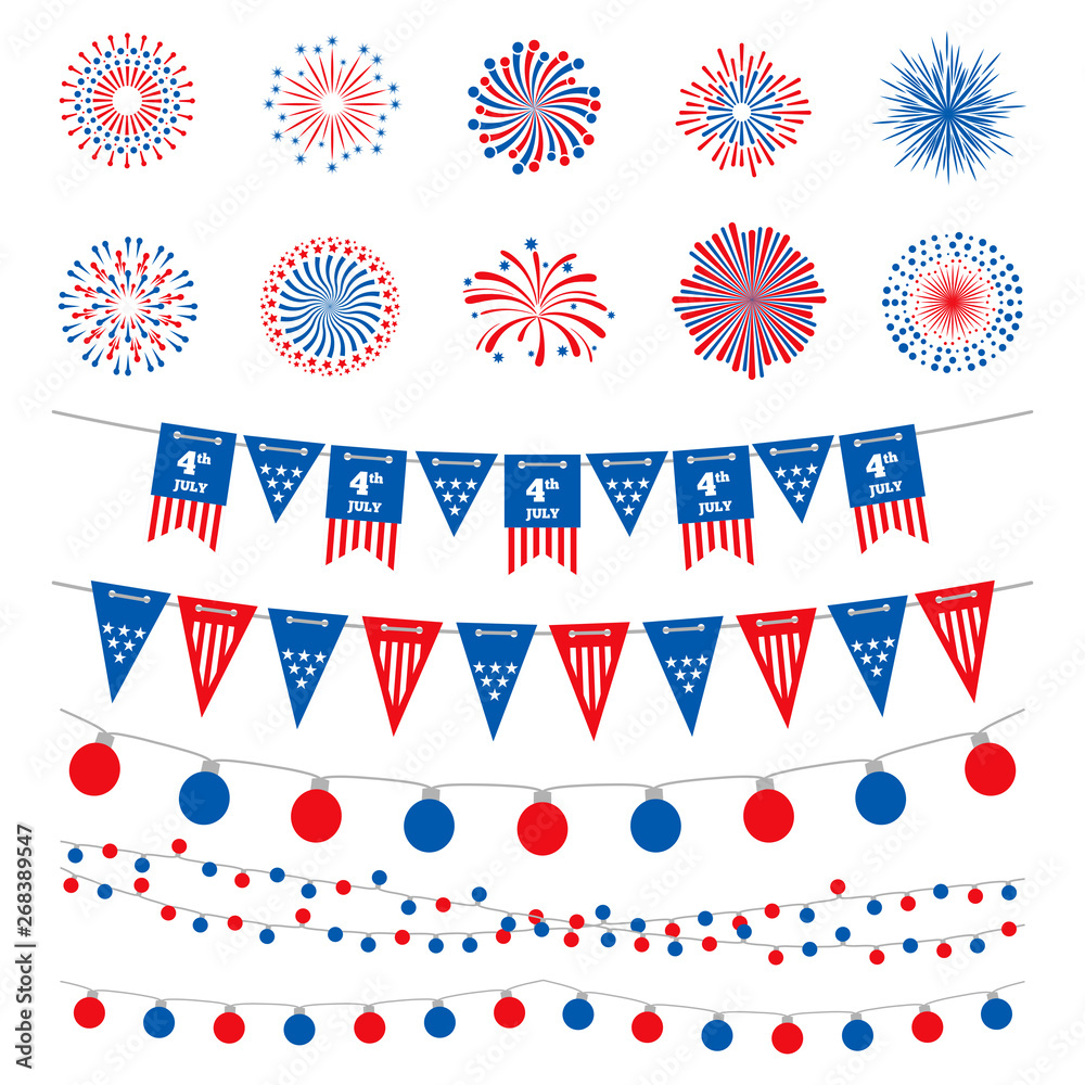 Obraz premium American flag color banners, garlands and fireworks vector collection. Happy Independence Day, 4th July, american holidays design elements isolated on white background. Usa celebration fireworks