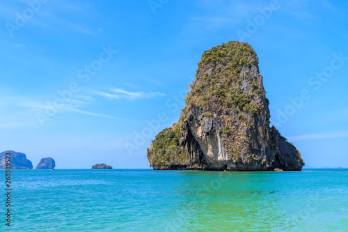 Rang Islands with beautiful clear turquoise blue sea and logn tail boat at Ao Phra Nang near Railay beach, Krabi, Thailand