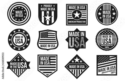 Black and white made in USA badges, banners and labels vector isolated on white background. Usa badge, american product industry manufacturing illustration photo