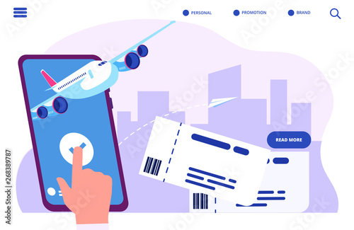 Booking online tickets vector concept. Buy or check in. Illustration of online ticket, tourism and travel, vacation and journey by plane